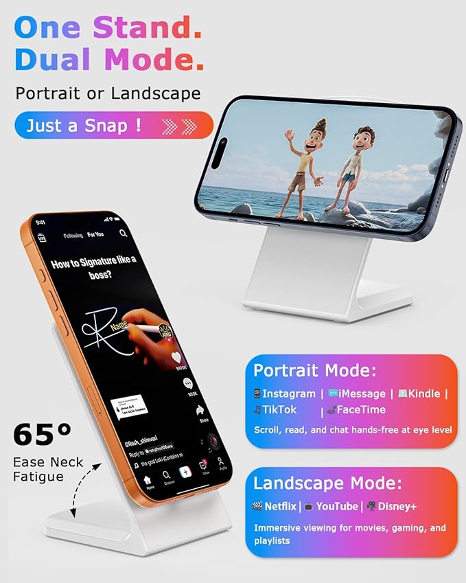 Magnetic Phone Charger Stand, Hands-Free Phone Holder, for iPhone 17-12 Samsung S26/S25 Google Pixel 10, Ideal for Office Desktop Nightstand, Qi-Certified, No Adapter (2 Pack Lunar White)