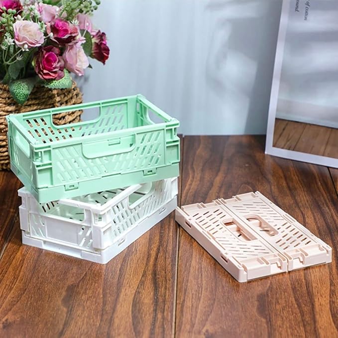 3 Pack Mini Plastic Storage Basket for Shelf Organizing,Collapsible Crate Folding Storage Bin for Desk Organizer Stackable Containers for Home Kitchen Classroom Office Bathroom Storage(5.9x3.9x2.2")