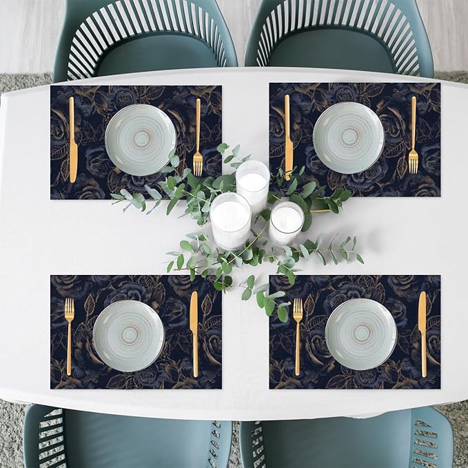 Placemats Set of 4 Heat-Resistant Rectangle Place Mats Black Flower Rose Washable Plastic PVC Dining Table Mat Non-Slip Wipeable Woven Vinyl Placemat for Kitchen Patio Table Decor