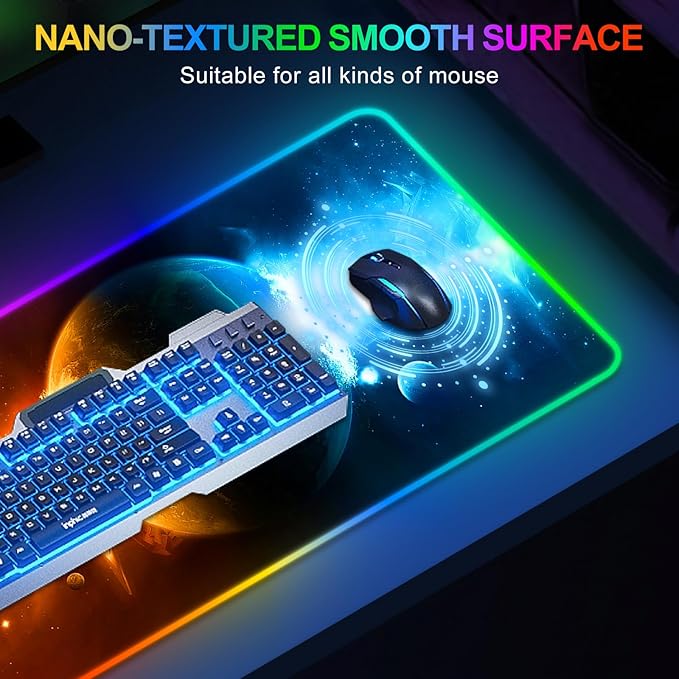 ARTSO RGB Gaming Mouse Pad Large, Extended LED Mouse Mat XXL 35.4x15.7 inch, 14 Lighting Modes, 2 Brightness, Non-Slip Rubber Base Mousepad Waterproof Keyboard Mat,Universe Space Starry Sky