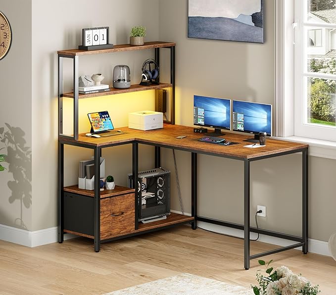 HOOBRO Computer Desk Bundle, L Shaped Gaming Desk with LED Light & Power Outlet, Storage Shelves & Drawer, 3 Hooks for Study Room, Home Office, Rustic Brown and Black BF40UDN01-BF18UDDN01