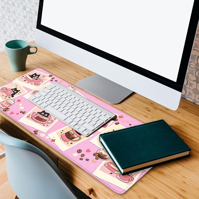 Black Cat Gaming Mouse Pad Cute Coffee Art Large Gaming Mouse Mat with Stitched Edges,Non-Slip Waterproof Rubber Base Mous Mat Office Computer Keyboard Laptop 31.5"x11.8"