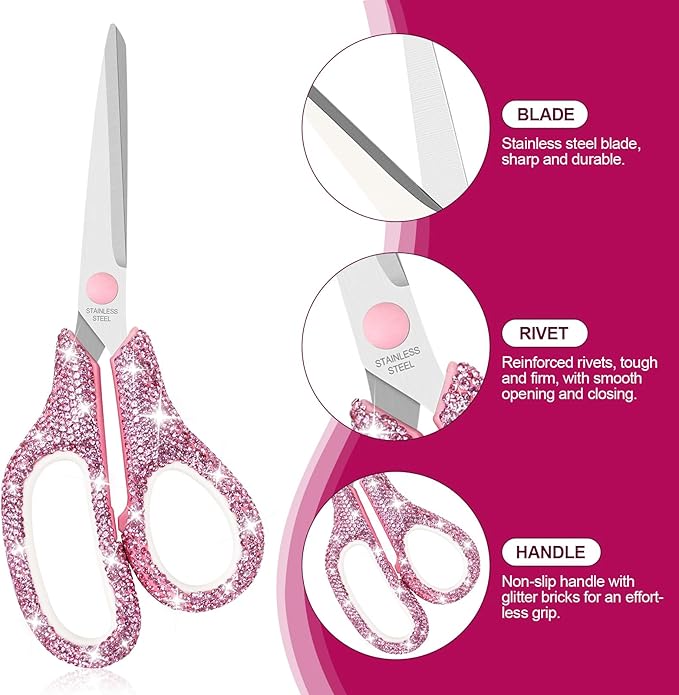 MultiBey 7 Pcs Pink Bling Rhinestone Desk Accessories Set, Crystal Office Stationery Kit with Stapler, Tape Dispenser, Scissors, Drawer Organizer - Glamorous Gift for Home School Office Supplies