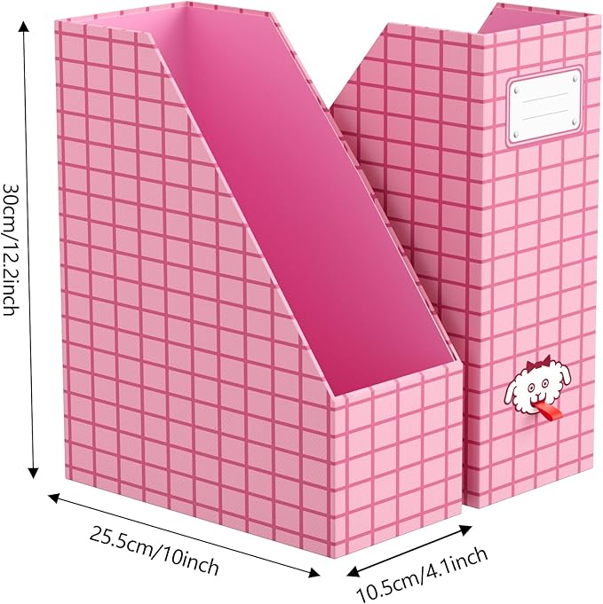 JiaWei Magazine File Holder Foldable Storage Boxes for Documents - Set of 2 Cardboard Magazine Rack Made of 2150 g/m² 10.5 cm Wide，Desk Organizer for Classroom, Home, and Office - Pink