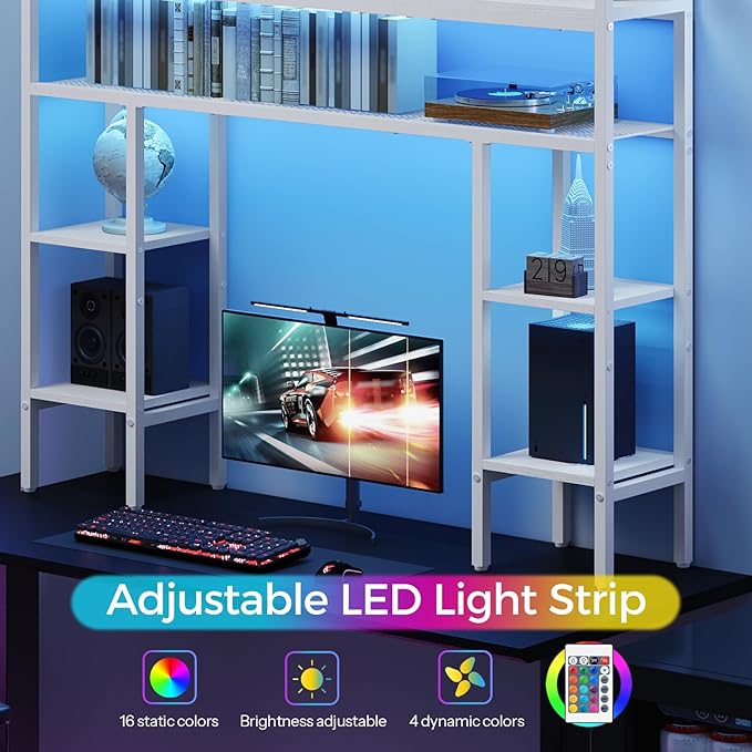MAHANCRIS Desk Shelf, 43.3" Desk Hutch with Light Strip, Office Desktop Organizer, 5 Tier Desktop Bookshelf for Computer Monitor, Storage Rack for Study, Home Office, White DSWT9801