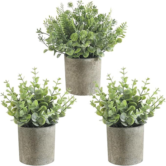 3 Pack Mini Potted Fake Plants Artificial Plastic Indoor Eucalyptus Plants for Home, Office, Desk, Bathroom, Coffee Table & Shelf (Light Green)