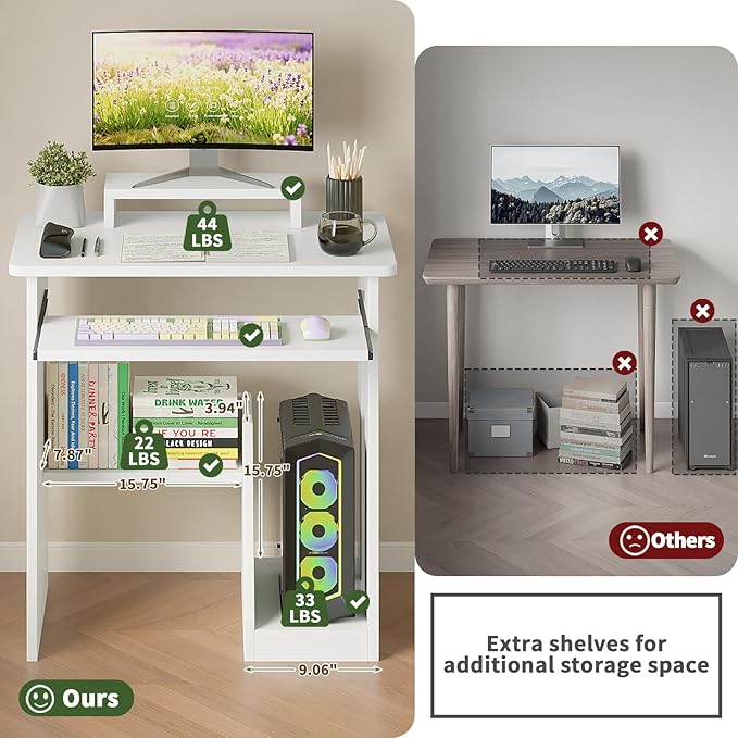 ALISENED Computer Desk, 30 Inch Compact Desk with Keyboard Tray & Monitor Stand for Space-Saving, Ergonomic Study Desk with Storage Shelves for Writing, Gaming, Working, White