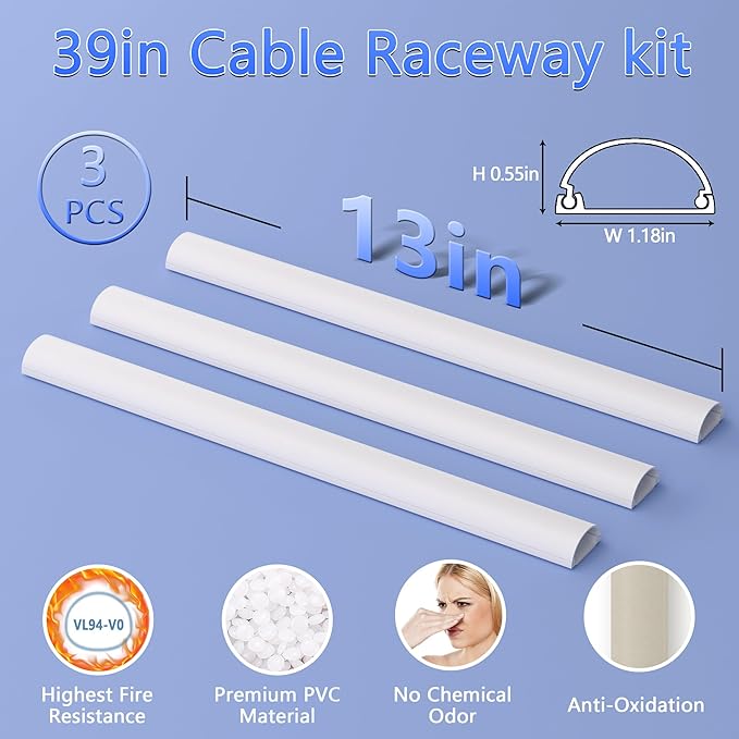 ZhiYo D Cord Hider for Wall Mount TV, 39in(3 x L13) Self-Adhesive Cable Hider Kit, PVC Cord Covers for Wires on Wall, White Cable Raceway, Paintable Wire Hiders, 1.2" (W) x 0.55" (H)