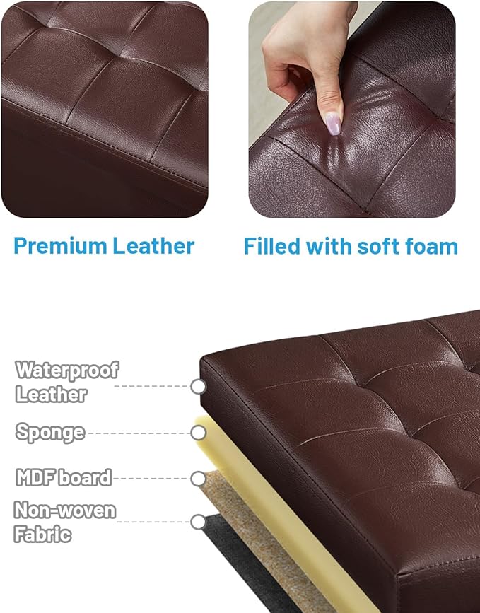 Bsketa Storage Ottoman Foot Rest Stool, Small Leather Storage Ottomans Bench, Folding Foot Stool with Handles Lid, Foot Rest Under Desk for Living Room Bedroom, 17x13x13 in, Brown
