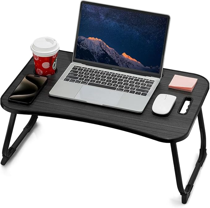 ZEAPTAC Laptop Bed Desk, Foldable Lap Desk, Portable Lap Table, Laptop Stand with Cup Holder & Tablet Slot & Lifting Handle for Working Writing Drawing & Eating - Black