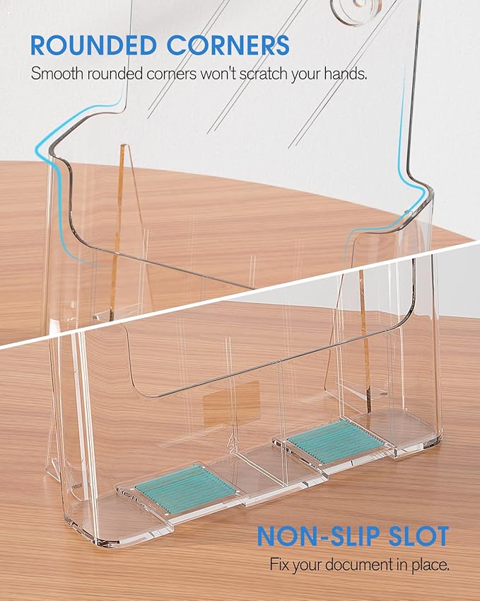KTRIO Acrylic Brochure Holder 8.5 x 11 Clear Literature Display Stand, Plastic Flyer Holder for Trifold Brochures, Menus, Magazines, Pamphlets, Documents, Desk or Wall Mount, 4 Pack