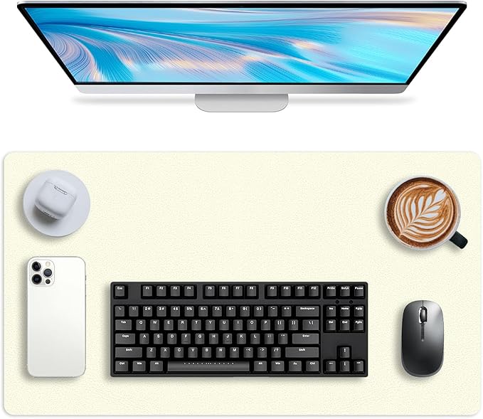 Leather Desk pad Protector, Office Mat, Large Mouse Mat, Non-Slip PU Leather Blotter, Laptop Desk Pad,Waterproof Laptop Computer Desk Keyboard Mat for Office/Work/Home/Decor (White, 47in*23in)