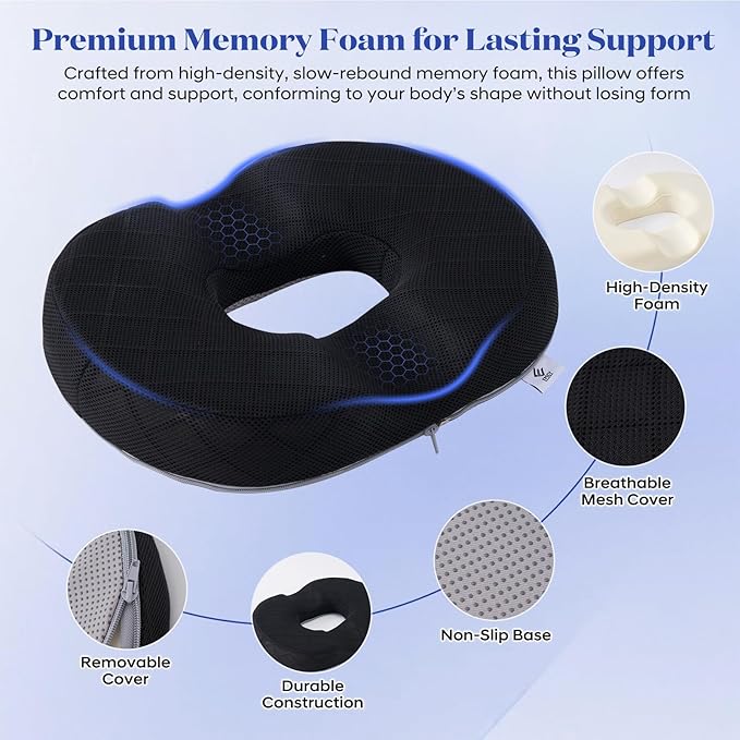 EPSCY Memory Foam Donut Cushion for Coccyx, Hemorrhoid, Sciatica & Tailbone Pain Relief - Pressure Reducing Seat Cushion with Removable Cover - Postpartum Pillow for Office Chair, Car, Wheelchair