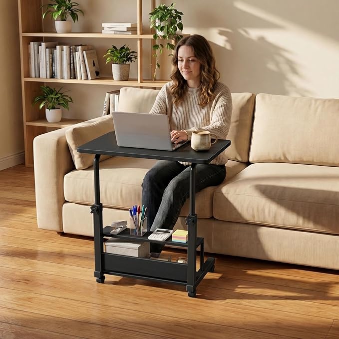 WINAZ Small Portable Rolling Kids Desk - 32" Mobile Laptop Desk with Wheels for Small Spaces, Height Adjustable C Shaped Side Table with 2-Tier Storage Shelves, Black