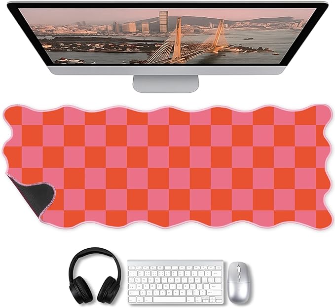Copkim 1 Pcs Pink Orange Scalloped Checkered Desk Mat 31.5 x 11.8 Large Cute Mouse Pad Computer Mat Non Slip Waterproof Rubber Base with Border Stitching Soft Keyboard Pad for Home Office Game Makeup
