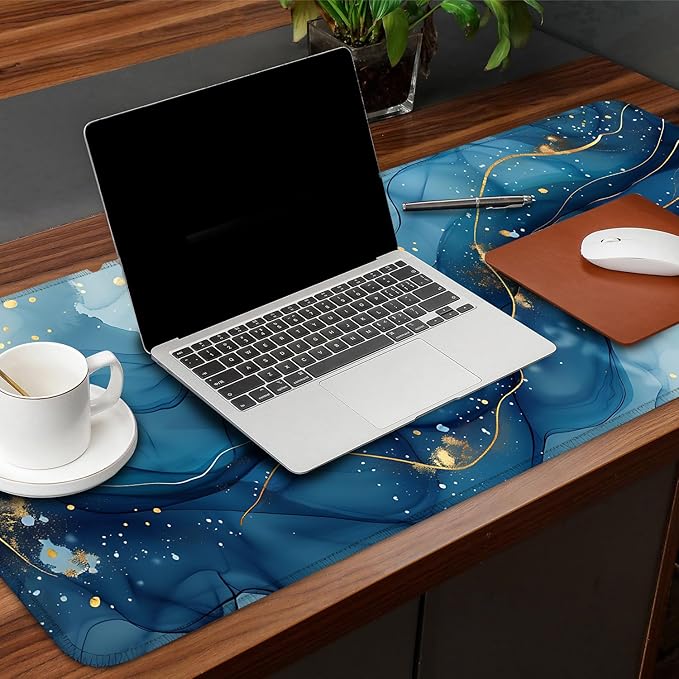 Marble Mouse Pad XXL – Large Blue Gold Marble Texture Desk Mat, Extended Non-Slip Mousepad for Office, Home, Workstation, Elegant Aesthetic Decor,31.5 x 11.8 in