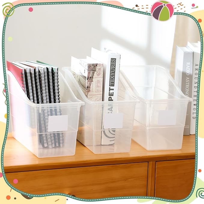 Suzile 24 Pcs Book Bins with Labels Linking Storage Bins Folder Magazine File Holder Interlocking Plastic Book Organizer Container for Office Classroom Home (Clear)