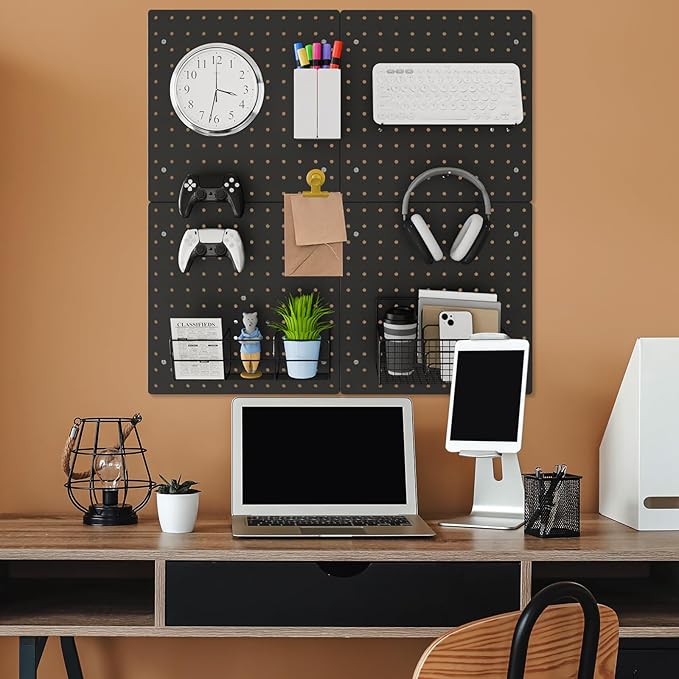 FZK Peg board Kit, Peg Board with Hooks, 30cm*30cm, Includes 4 Black Pegboards and Accessories, Plastic Pegboard,Pegboard Wall Organizer, Garage Storage
