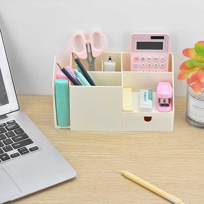Desk Organizer with Bookshelf White Desktop Organizers and Accessories Bookends Multifunctional Office Stationary Organizer with Drawer Plastic Makeup Storage Box (Small, Beige)