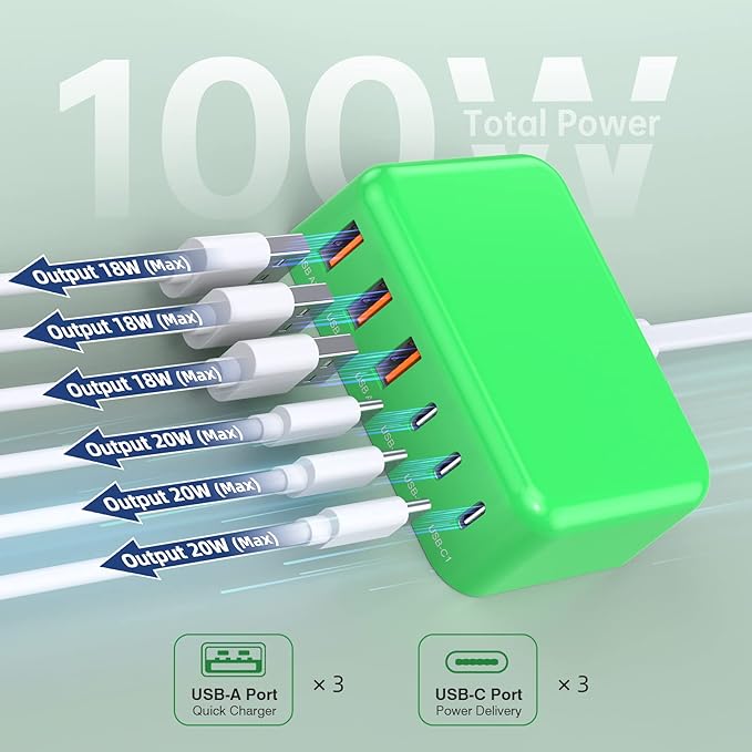 6 in 1 USB Charger, Charging Station for Multiple Devices, 100W Fast Charging Blocks with Type C Ports, USB Charging Hub Organizer Multiport Power Strip for iPhone, Ipad, Kindle, Travel Accessories
