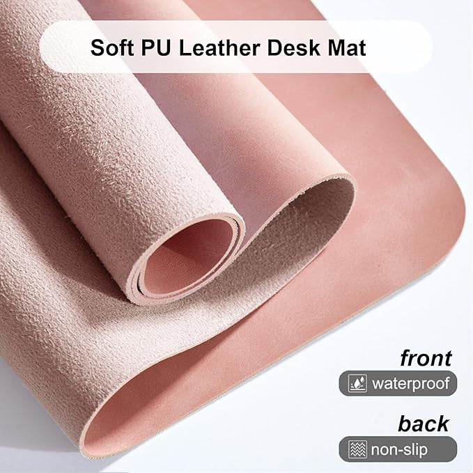 Distressed Leather Desk Mat - Non-Slip PU Leather Desk Pad Protector - Large Waterproof Mouse Pad Computer Keyboard Desk Mat Desk Accessories for Office & Home (Pink, 31.5"x 15.7")