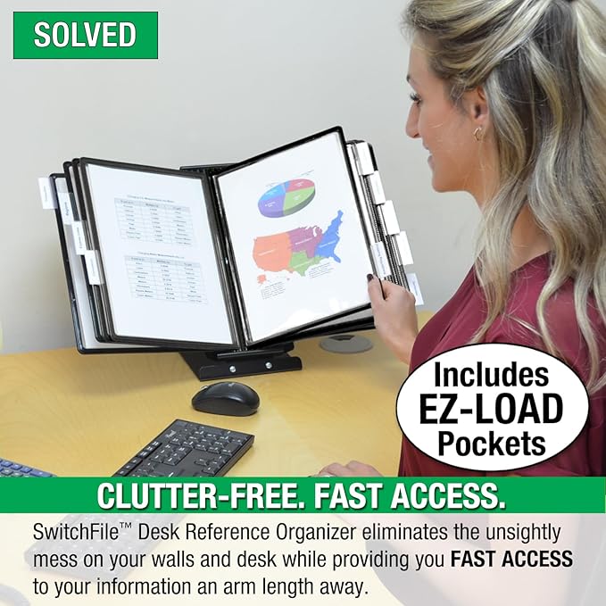 Ultimate Office SwitchFile Reference Organizer Displays Both Landscape or Portrait Documents, Desk or Wall Mount, Featuring, 10 EZ-Load Pockets to Hold 20 Sheets of Paper, Black Pockets