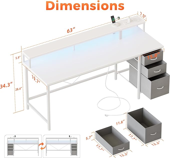 Mericonia 63 inch Computer Desk with Storage Drawers & Monitor Stand, Reversible Gaming Desk with LED Lights & Power Outlets, Large Gaming Table for Home Office