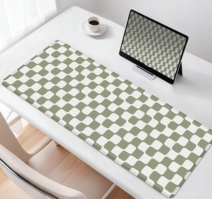 Retro Checkerboard Grid Pattern Extended Mouse Pad, Beige Sage Green Wavy Checkered Desk Mat, Non-Slip Large Gaming Mousepad for Computer Laptop Decor, 31.5x11.8 inch