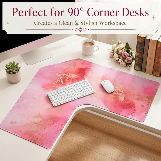 Relaxweex L Shaped Desk Mat for 90° Corner Desks, 26" x 26" Pink Waterproof Mouse Pad with 18" Inner Corner, Non-Slip Rubber Desk Protector for Office & Gaming