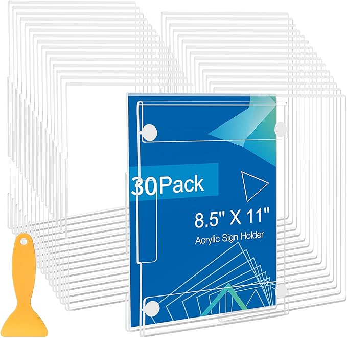30 Pack Acrylic Sign Holder 8.5 x 11 Wall Mount, Vertical & Horizontal Use, Wall Sign Holder Memo Document Menu Holder for Office Store Restaurants Wedding Party Decoration, No Drilling