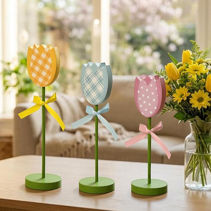 Smile 3Pcs Spring Tulip Wooden Signs - Rustic Farmhouse Floral Tabletop Insert Decor, Colorful Plaid Floral Block Tabletop Plaques for Home Decor