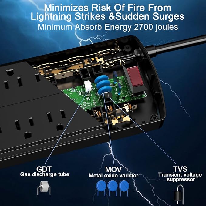Surge Protector Power Strip - Nuetsa Flat Plug Extension Cord with 8 Outlets and 4 USB Ports, 15 Feet Power Cord, 2700 Joules, ETL Listed, Black