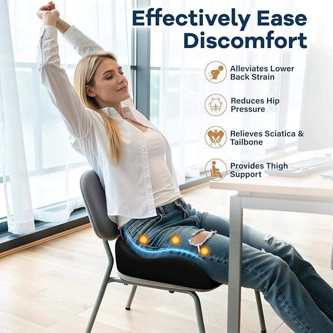 Seat Cushion for Pressure Relief - Ergonomic Home & Office Chair Cushions for Tailbone, Hip, Sciatica Support, Memory Foam Chair Pad for Long Sitting, Driving (Black)