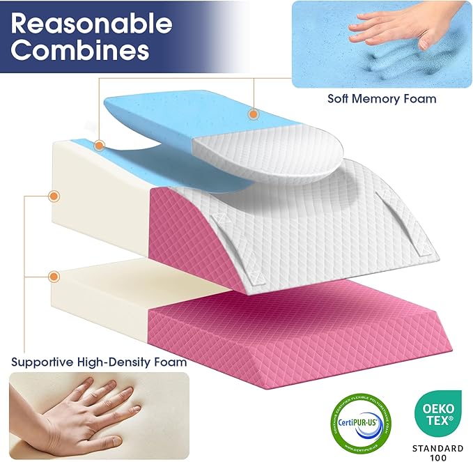 CushZone Leg Pillow, Leg Elevation Pillow with Pad and Memory Foam, Height Adjustable Bolster Pillow for Legs, Leg Pillow Elevation Blood Circulation, for Post-Surgery, Pink & White