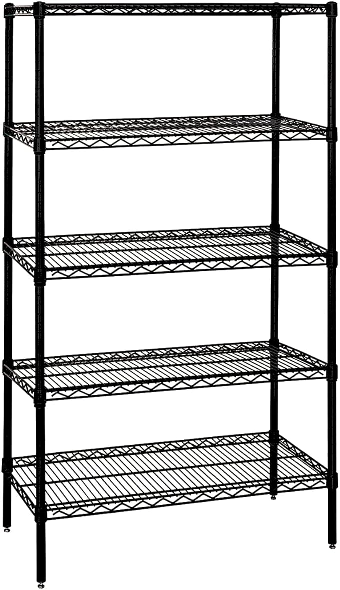 Quantum Storage Systems WR86-2136BK-5 Wire Shelving Starter Kit, 36" W x 21" D x 86" H, 600 lbs Capacity, Carbon Steel, Epoxy Coated, Black, NSF