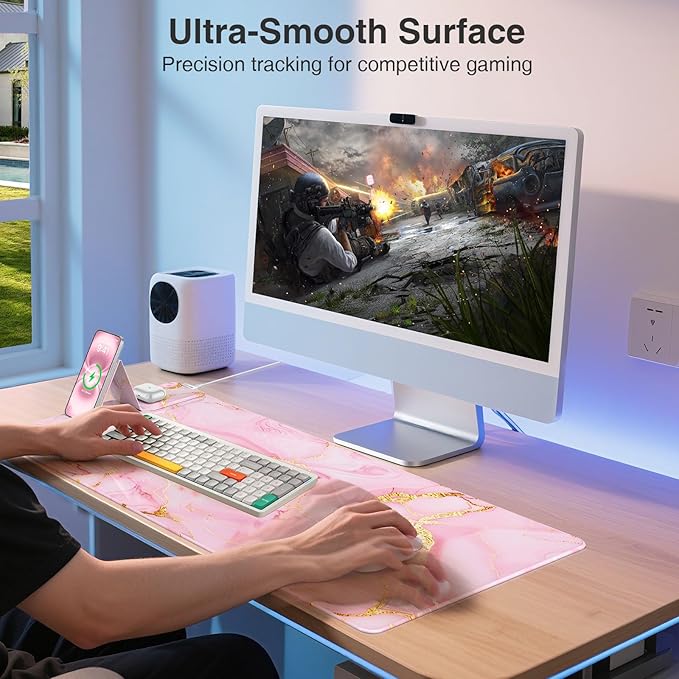 Wireless Charging Mouse Pad with Foldable Phone Holder, 31.5"x15.8" Large Desk Mat for Laptop/Keyboard, Waterproof Ultra-Smooth Surface, Non-Slip Base, Pink Marble