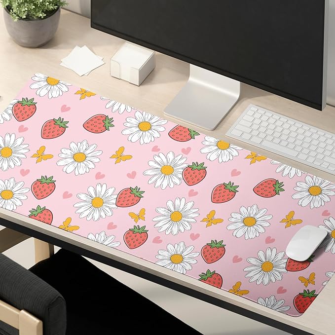 Strawberry Mouse Pad Pink Cute Desk Mat Large Gaming Mousepad Pink Keyboard Pad 31.5x11.8in Non-Slip Rubber Base Pastel Kawaii Mousepad Laptop for Office Gaming Computer Home Accessories Supplies