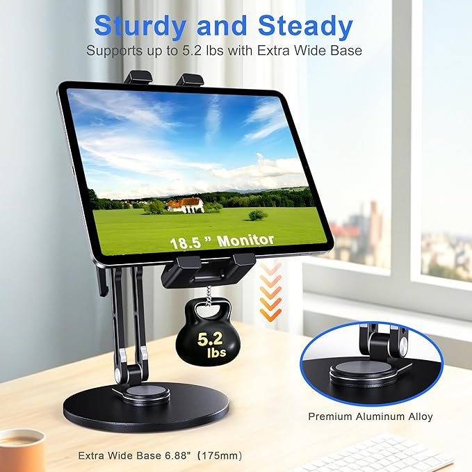 CreaDream iPad Stand for Desk, Portable Monitor Stand with Large Clamp up to 18.5", Tablet Stand Arm Holder with Heavy Duty 360° Rotating Base for 4.7"-13" Tablets, iPad Pro/Air/Mini