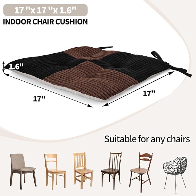 Office Stacking Chair Cushions 4 Pack, Corduroy High Density Foam Kitchen Seat Cushions with Ties, Square 17" x 17" Indoor Non-Slip Dining Chair Pads, Black+ Brown, 4pcs