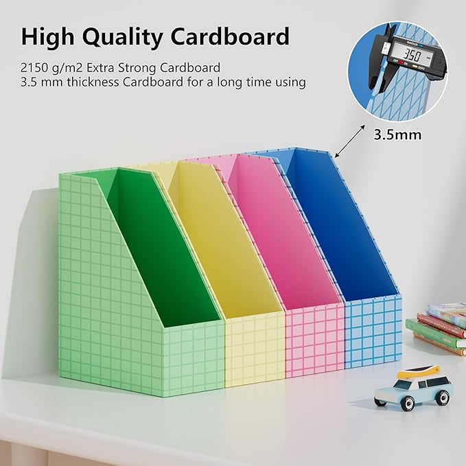 JiaWei Magazine File Holder Foldable Storage Boxes for Documents - Set of 2 Cardboard Magazine Rack Made of 2150 g/m² 10.5 cm Wide，Desk Organizer for Classroom, Home, and Office - Green