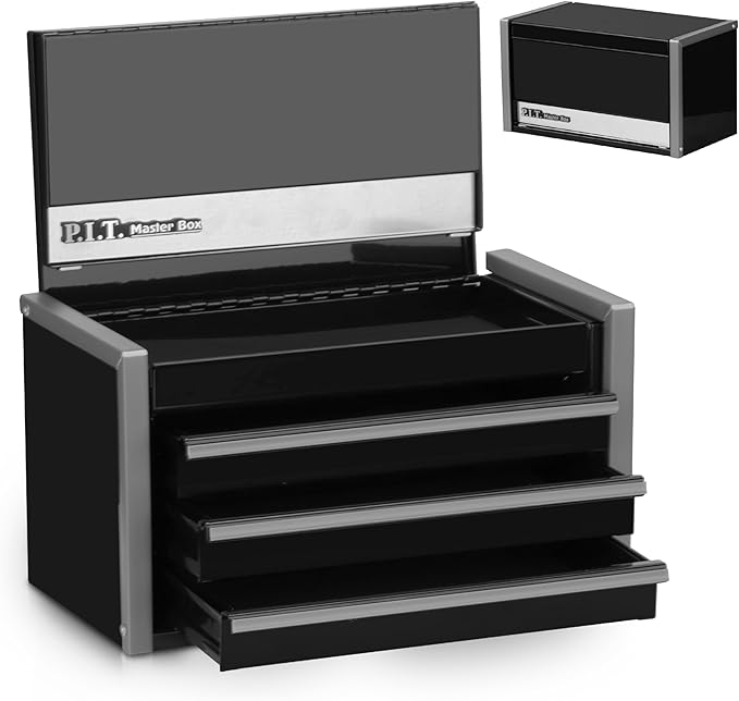 P.I.T. Mini Tool Box 8.6"W X 4.6"D, Portable 3 Drawer Steel Stackable Black Tool Box with Magnetic Tab Locking, Black Micro Top Chest with Liner for Tools Storage and Organizers, Home DIY