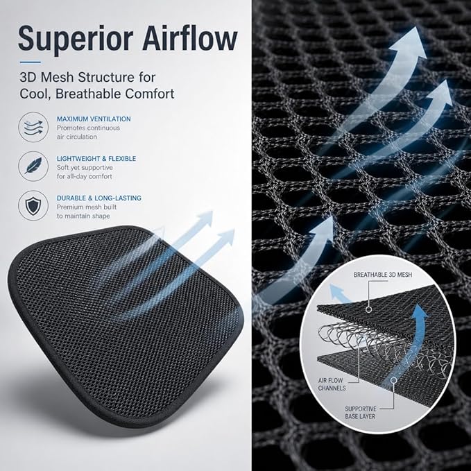 Summer Cool 3D Air Mesh Breathable Vented Car Seat Cushion Pad,Universal Auto Back Cooling Ventilated Seat Cover for Car SUV Truck Van Pickup for Driving Seat(Black, 1 Pack seat pad)