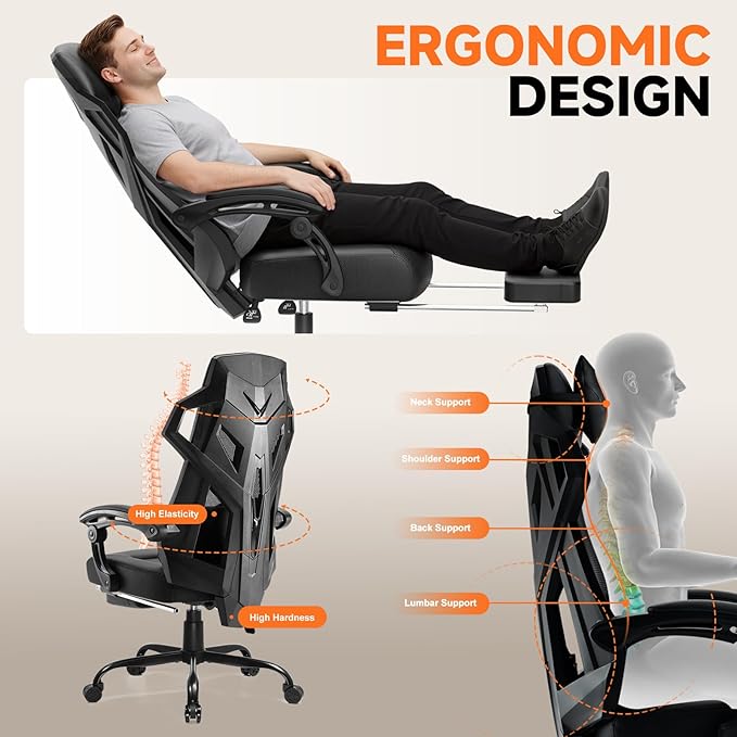 GTPLAYER Computer Chair with Adjustable Footrest, Ergonomic Gaming Chair with Headrest and Lumbar Support, Breathable Mesh Office Chair for Adults, High Back Reclining Desk Chair for Gaming and Office