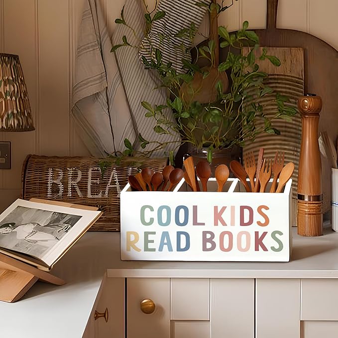 Book Lovers Gifts Pen Holder, Book Reader Gifts Pencil Holder for Desk, Boho Cool Kids Read Books Wooden Box Sign Decorations for Reading Room Corner Nook Classroom Desk Tabletop