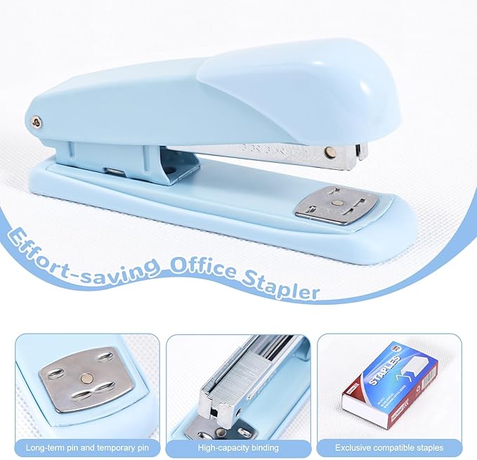 Blue Desk Accessories 12Pcs Set, Cute Office Supplies Decor for Women, 360° Rotating Pen Holder Organizer with Stapler, Tape Dispenser, Staple Remover, Staples, Tape, Clips Set, Ruler, Scissor, Pen