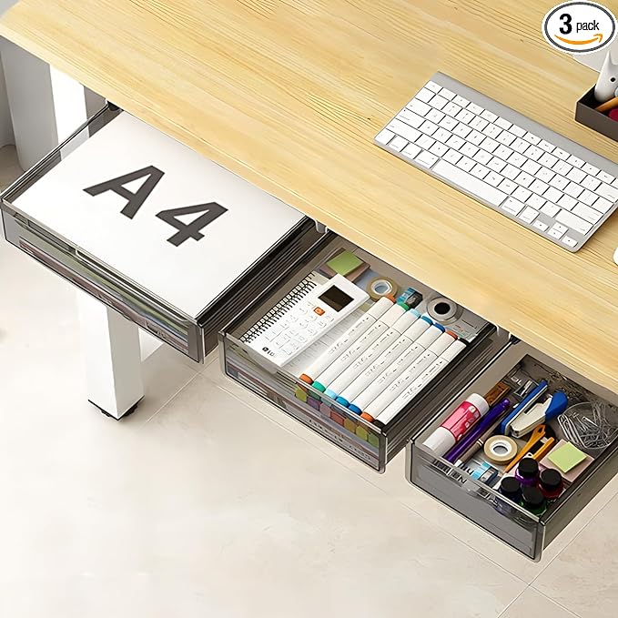 SVNNELP Under Desk Table Drawer Storage Organizer,3 Pack Large & Medium & Small Slide Out Desk Drawers - Hidden Desktop Organizer,Attachable Pencil Storage Tray Under Table(SML)