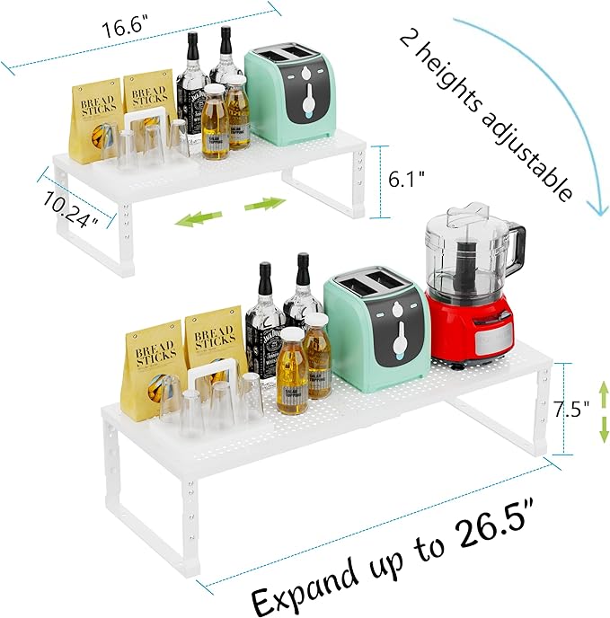 Jojocross Expandable Adjustable Stackable Kitchen Organizer, Spice Rack,Metal Pantry Storage Shelves Racks,Counter Shelf for Cabinets, Countertop, Cupboard(2 Packs/Large/White)