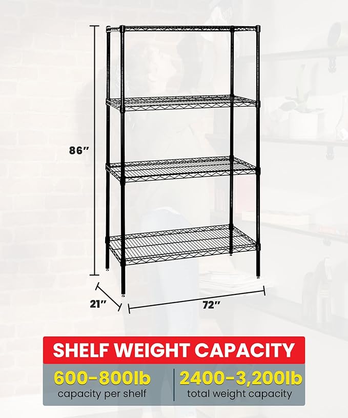 Quantum Storage Systems WR86-2172BK Wire Shelving Starter Kit, 72" W x 21" D x 86" H, 600 lbs Capacity, Carbon Steel, Epoxy Coated, Black, NSF
