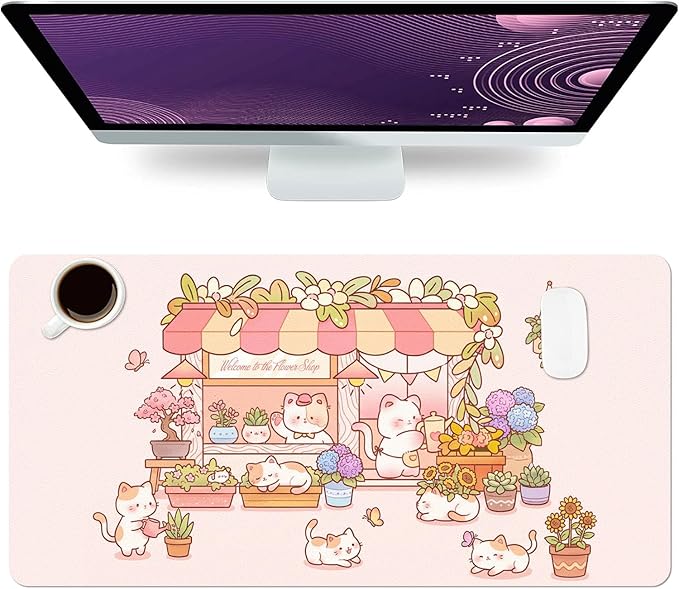 Cute Cat Desk Mat, Kawaii Pink Flower Shop Large Mouse Pad for Desktop, PU Leather Waterproof Desk Pad, Anti-Slip Computer PC Laptop Protector Gaming Mouse Pads for Office Home Decorations