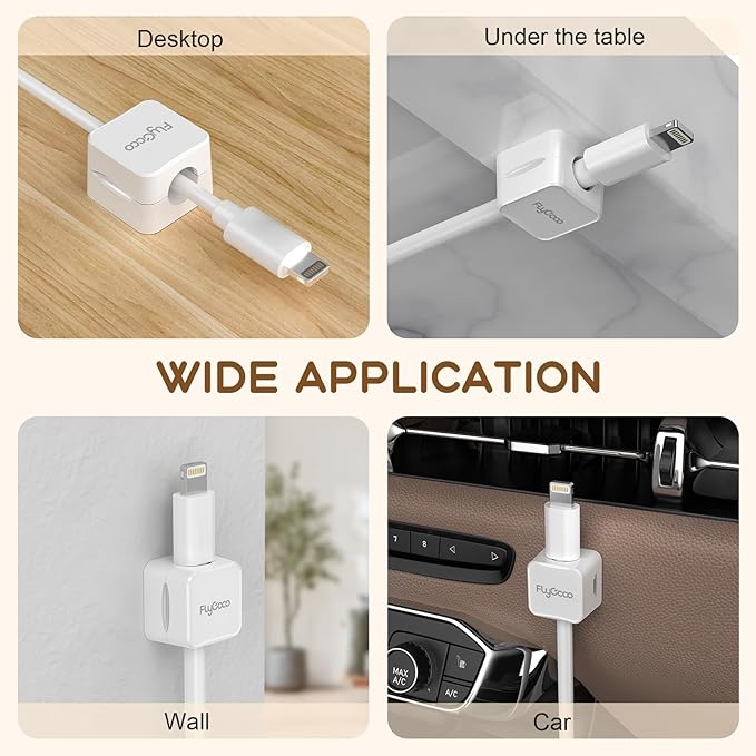 6 Pack Magnetic Cable Clips, FlyCoco Cell Phone Cord Holder for Nightstand, Cord Organizer for Side Table, [Smooth Adjustable] Mini Cube Cord Holder for Home Office Desk Phone Car Wall Desktop(White)